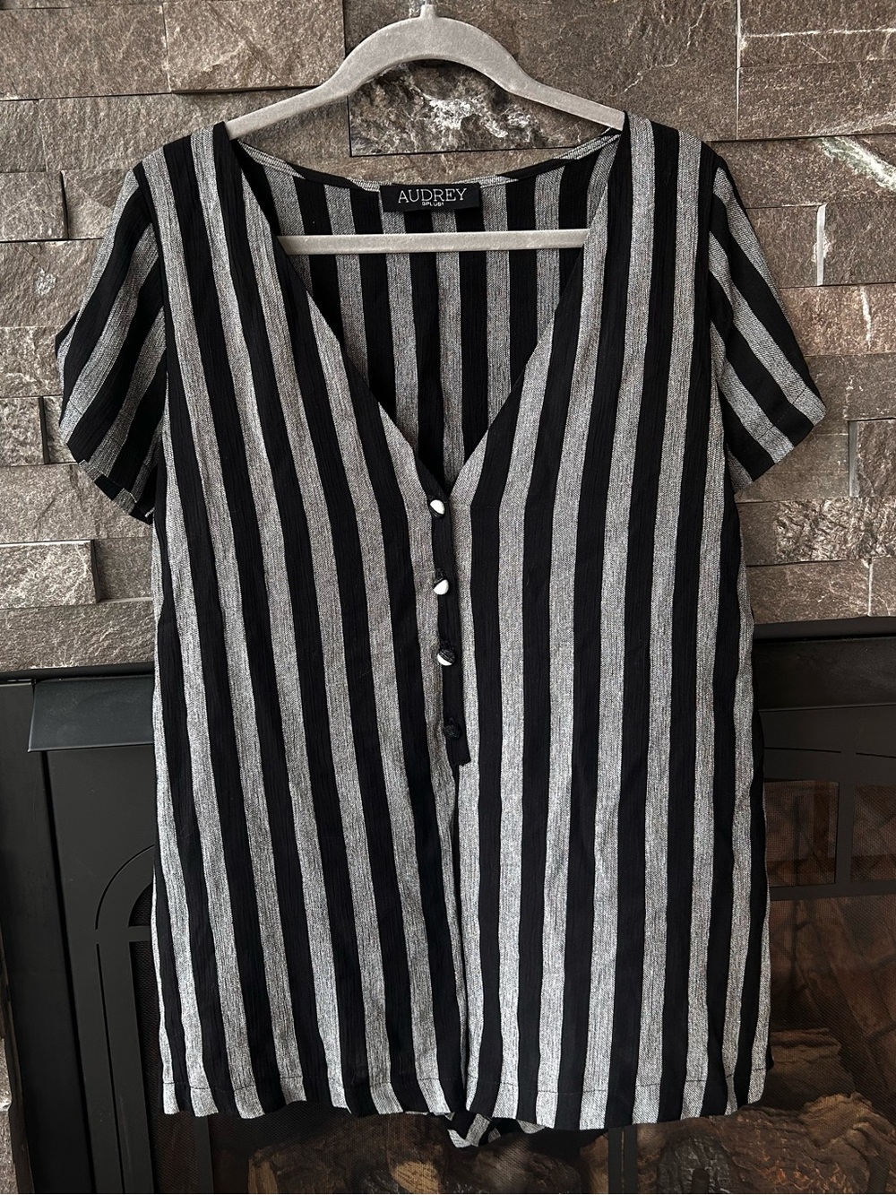 Audrey 3+1 Black & Gray Striped Deep V Romper